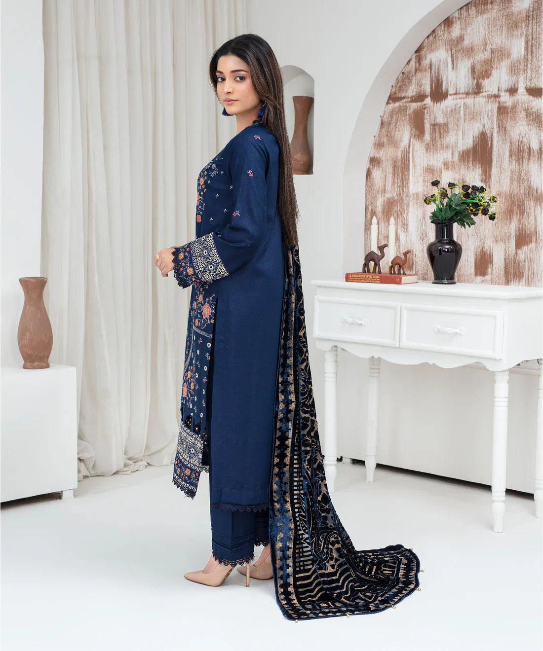 CREATION Dhanak 3PC Chikankari Embroidered Shirt With Velvet Plachi Shawl- 2103