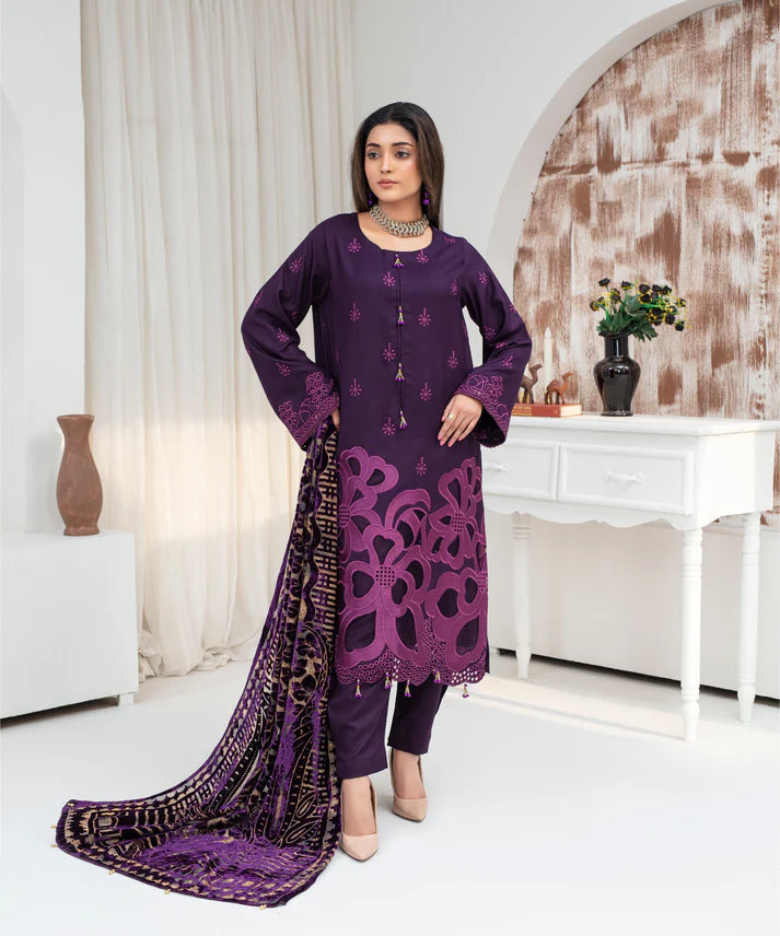 CREATION Dhanak 3PC Chikankari Embroidered Shirt With Velvet Plachi Shawl- 2108