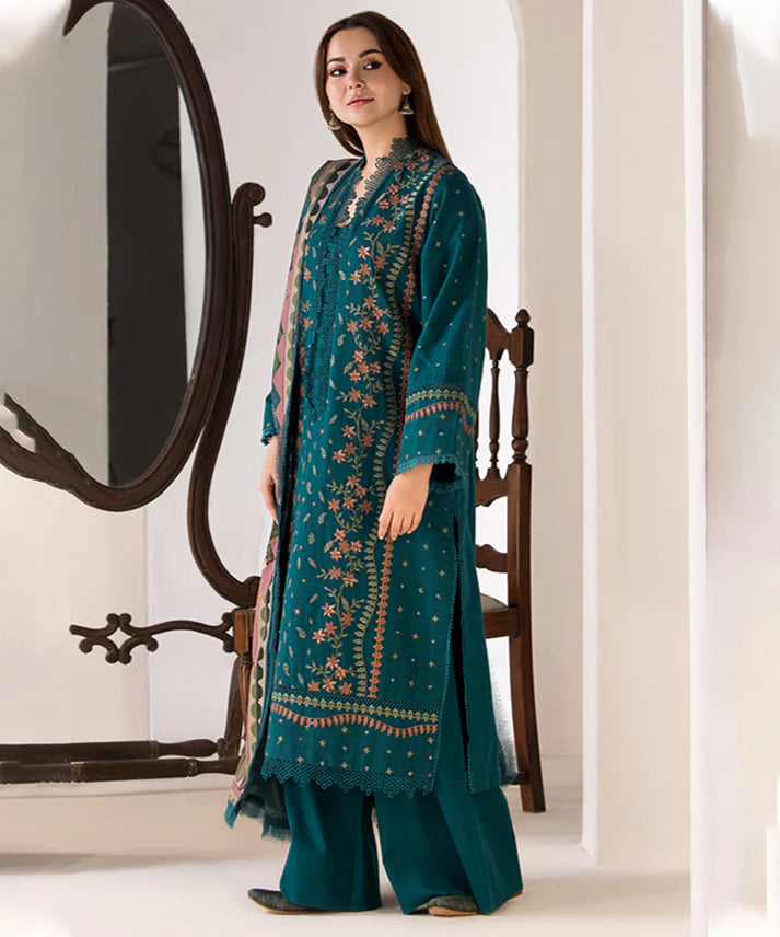 SOBIA NAZIR - 3PC DHANAK EMBROIDERED SHIRT WITH TWILL PRINTED SHAWL AND TROUSER-685